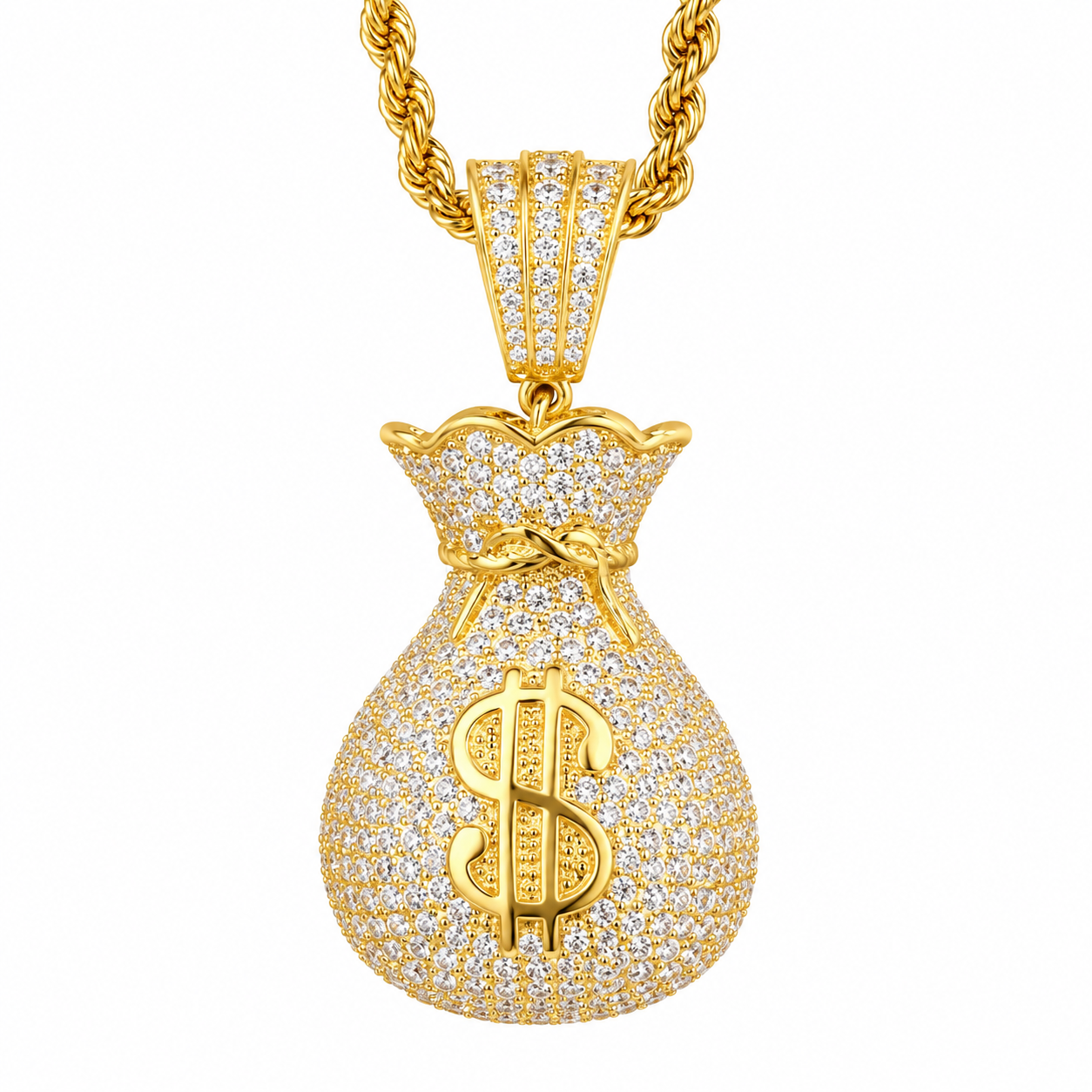 Iced Out Gold Money Bag Pendent With Chain
