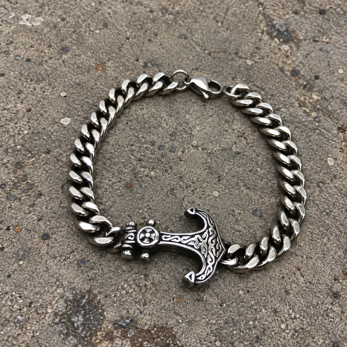 Silver Gothic Anchor Cuban Link Bracelet