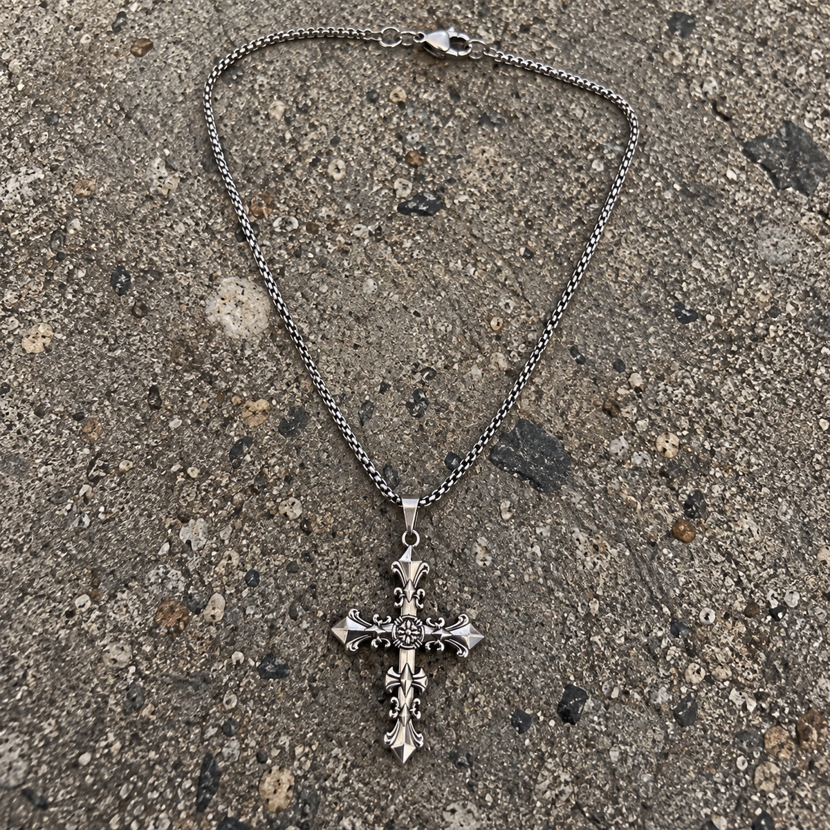 Silver Baroque Cross Necklace